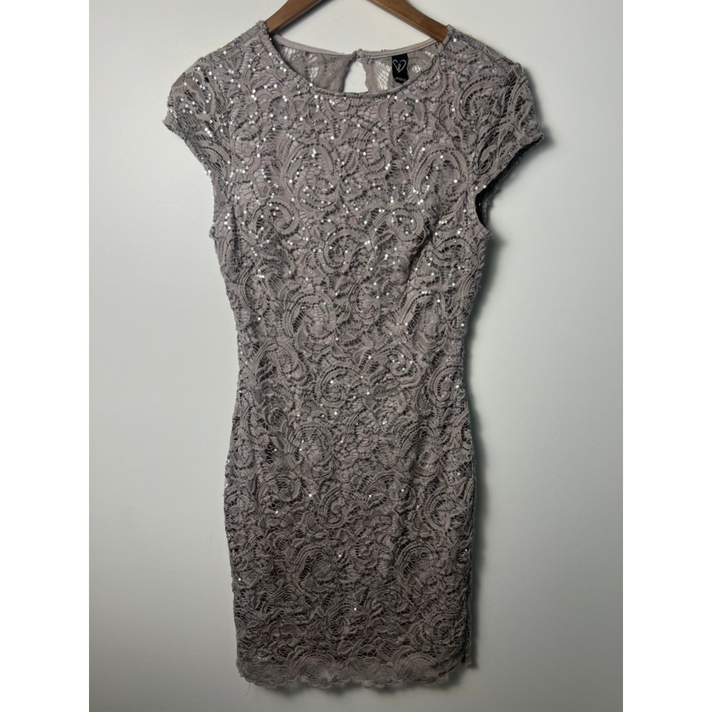 Windsor Lace Sequin Junior L Dress Gray Open Back Bodycon Formal Party Glam Prom
